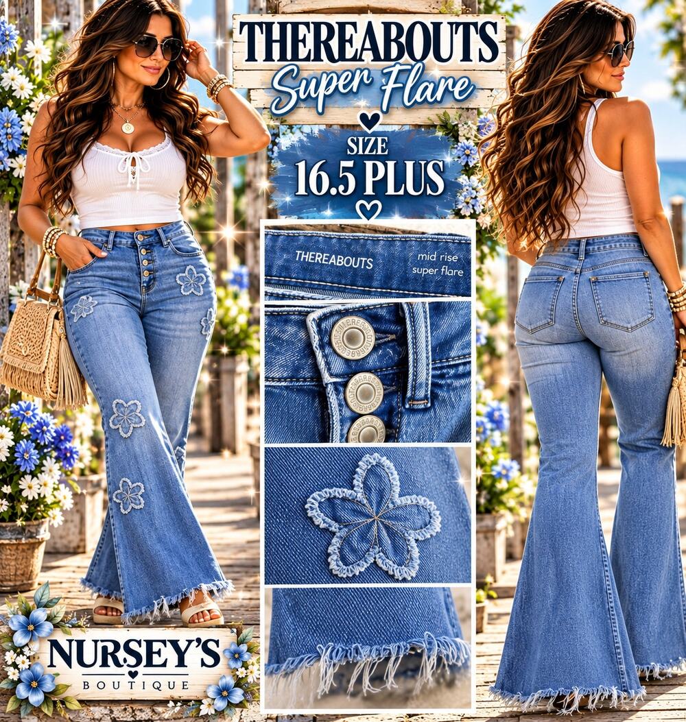 Thereabouts Super Flare Jeans Womens 16.5 Plus Floral Applique Raw Hem